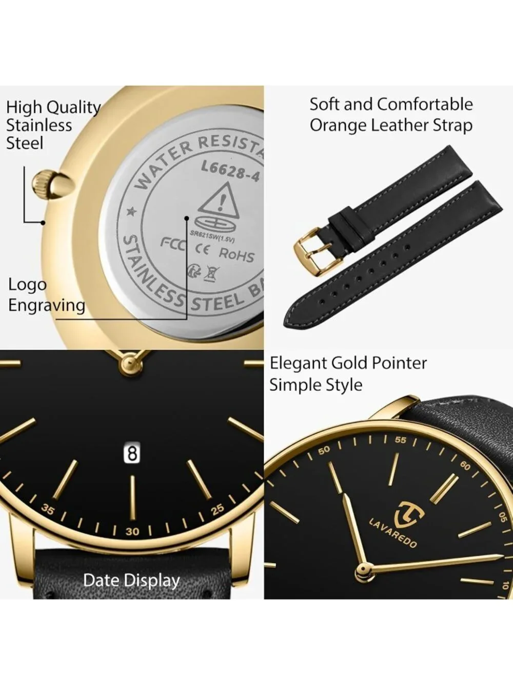 Mens Black Gold Leather Strap Analog Minimalist Fashion Simple Round Wrist Watch